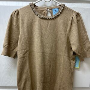 CeCe latte sweater with Embellished Neckline